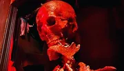 The image depicts a sinister red-lit skull, possibly part of a horror-themed display or decoration, evoking a macabre or eerie atmosphere.