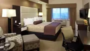 The image shows a neatly arranged hotel room with a king-size bed, patterned chairs, a work desk, and a flat-screen TV.