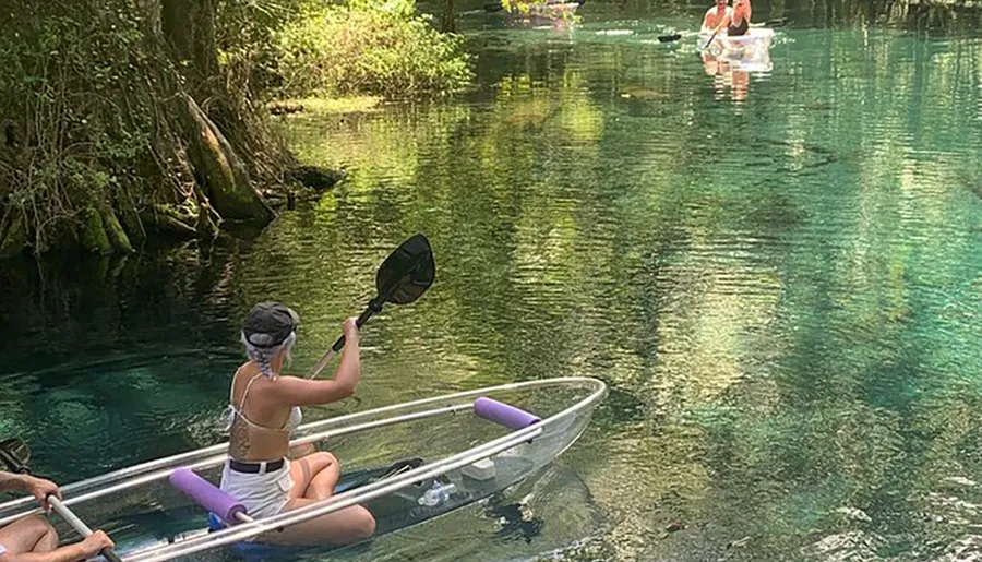 People are enjoying kayaking on a clear and serene blue waterway surrounded by greenery.