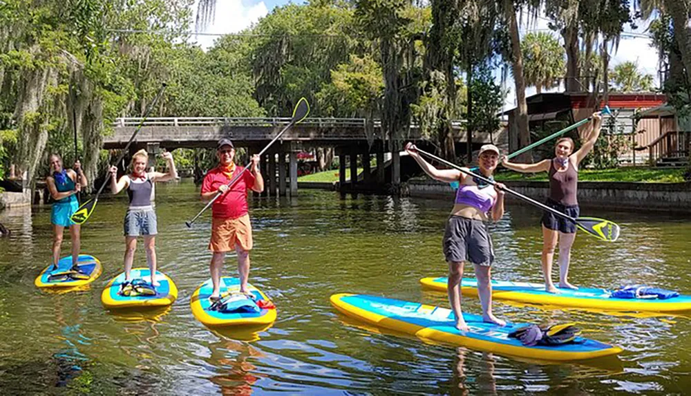 A group of people are standing on paddleboards in a waterway each holding a paddle aloft with a lush green backdrop and a bridge in the background