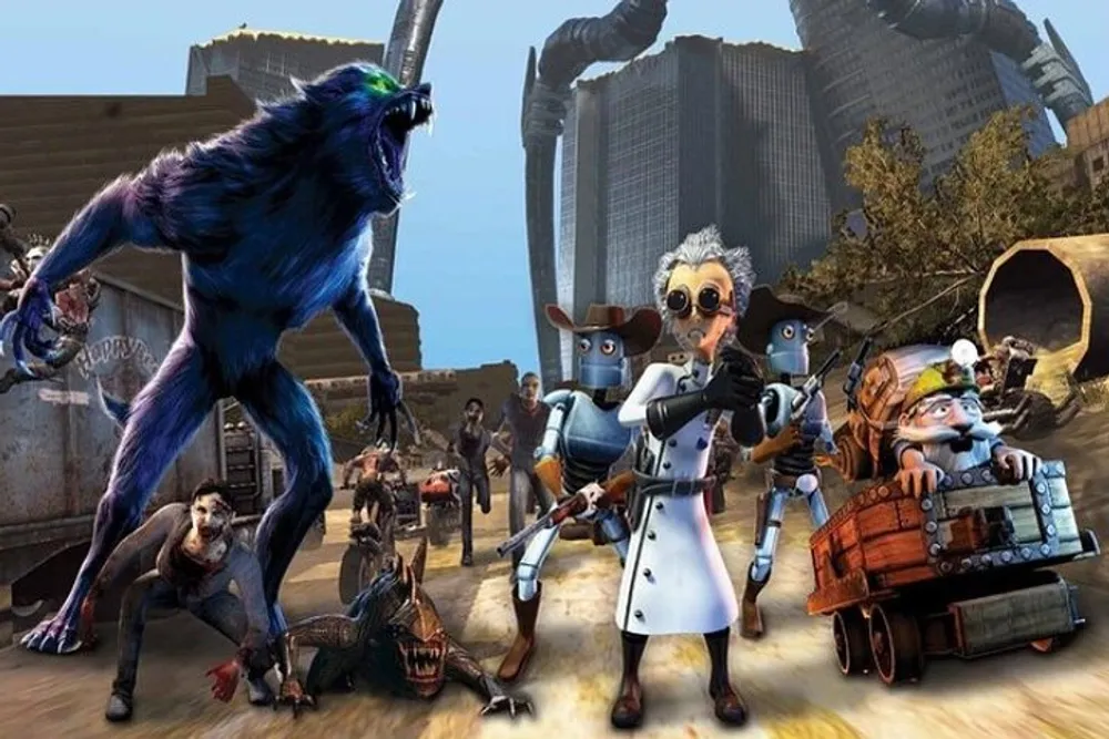 The image depicts a diverse group of stylized characters including a large blue creature various humanoid figures with unique outfits and fantastical contraptions set against a post-apocalyptic backdrop with ruined buildings