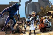 The image depicts a dynamic scene from an animated work, featuring a variety of characters including a large blue creature, an individual in a lab coat with goggles, and an array of fantastical beings, set against a backdrop of ruined city buildings.