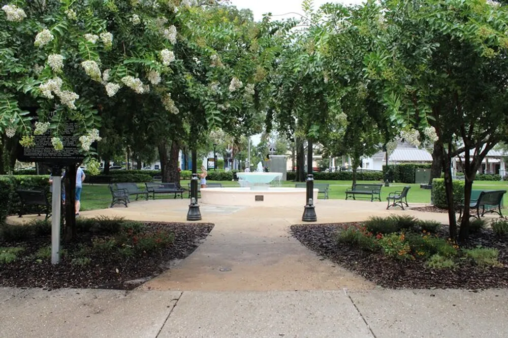 A walkway in a tranquil park leads to a fountain framed by flowering trees with a person standing near a lamppost on the left