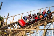 A group of excited riders are experiencing a thrilling descent on a wooden roller coaster.