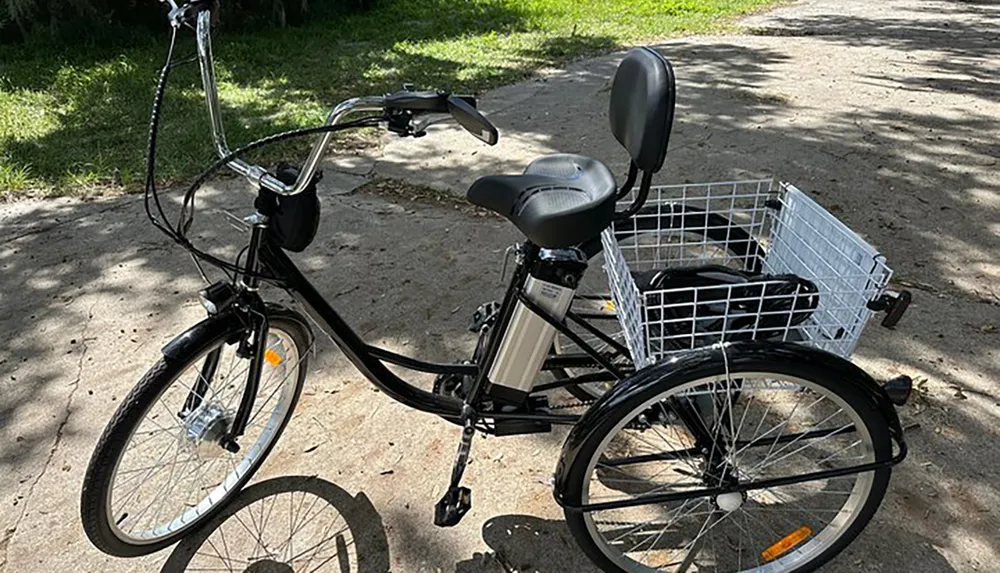 The image shows a black electric tricycle with a large white wire basket on the rear parked on a dirt path with grass and trees in the background