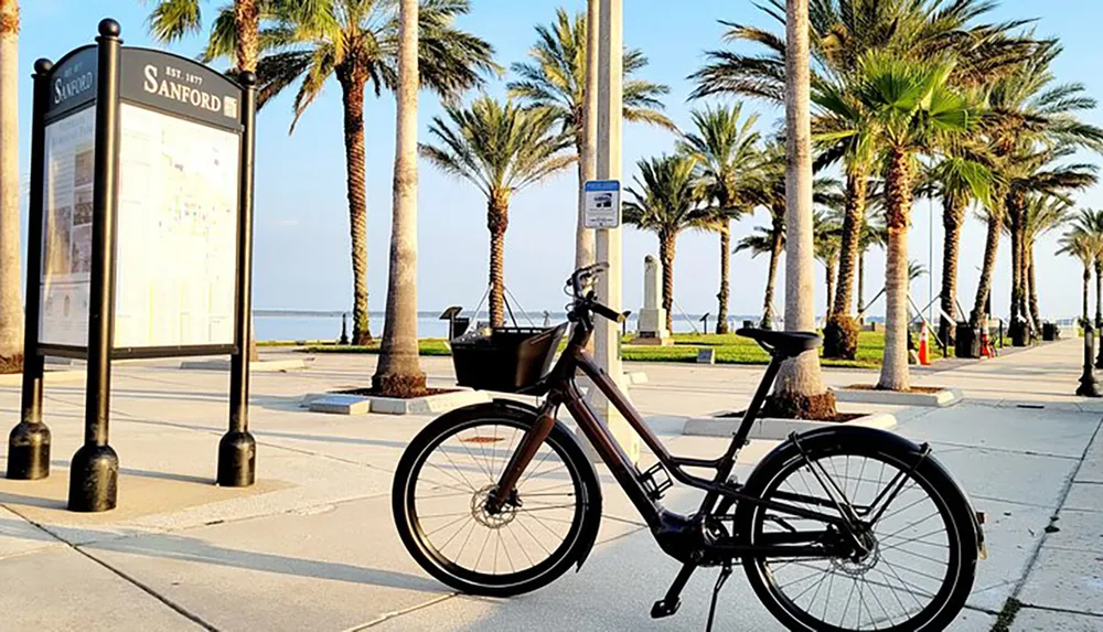 A bicycle is parked on a sunny sidewalk lined with palm trees near a sign that reads Sanford with a body of water in the background