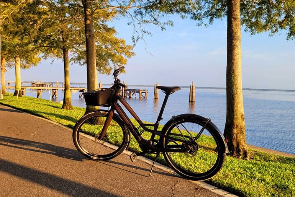 A bicycle is parked on a paved path by the water with a wooden pier and trees in the background during what appears to be early morning or late afternoon