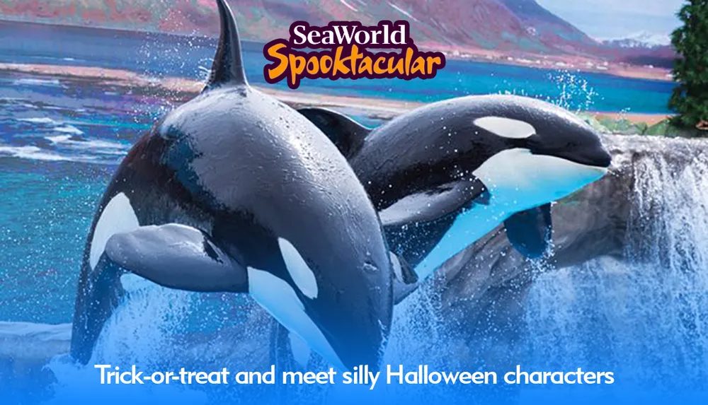 Two orcas are leaping out of the water at SeaWorld Spooktacular promoting a Halloween event with trick-or-treating and silly characters