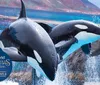 Two killer whales are leaping out of the water during a show at a Christmas-themed event at SeaWorld