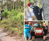 Two people equipped with cameras and binoculars are observing wildlife in a forested area