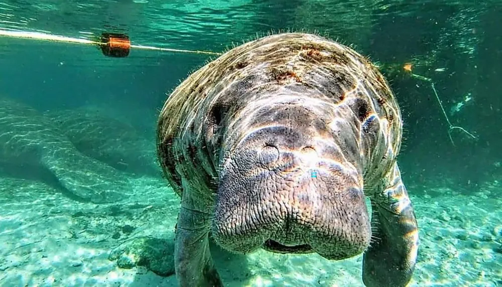A manatee is swimming close to the surface in clear water looking directly at the camera