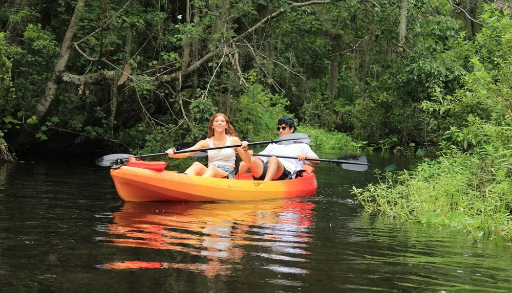 A man and woman are enjoying a tandem kayak adventure through a lush green waterway
