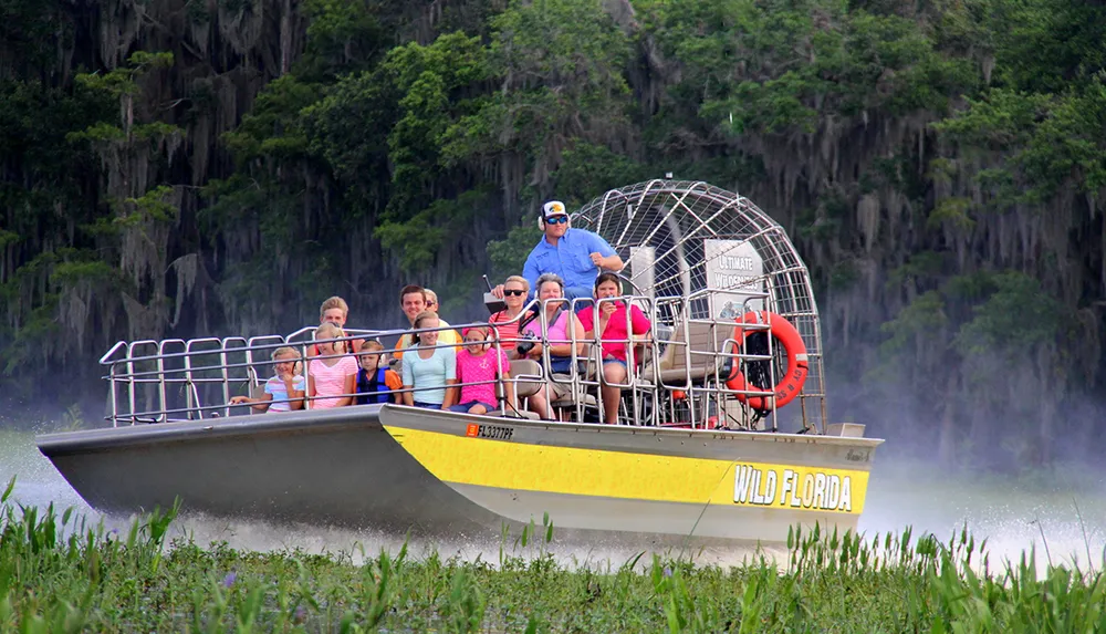 A group of tourists enjoys an airboat tour through a scenic wetland area draped with Spanish moss