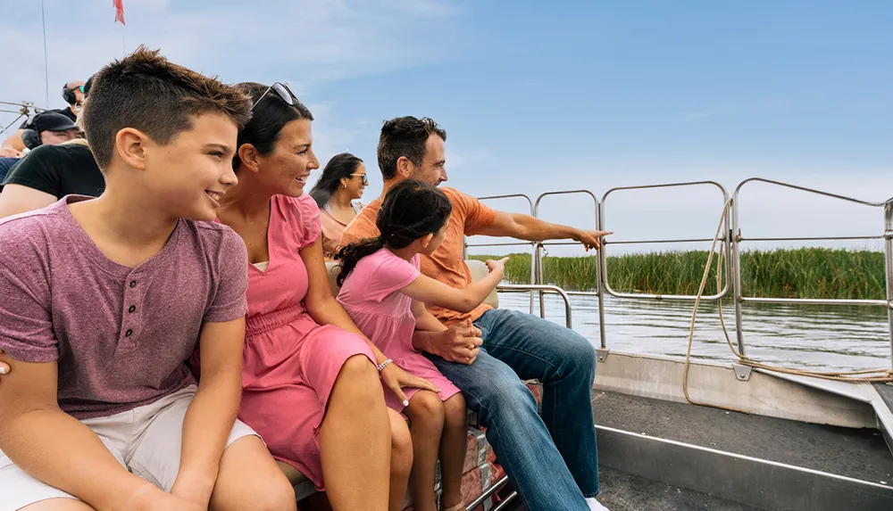 A family appears to be enjoying a boat tour pointing and looking at something interesting out of frame with a backdrop of tall green reeds and a clear sky