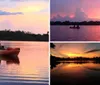 Two people are kayaking on tranquil waters under a pastel sunset sky