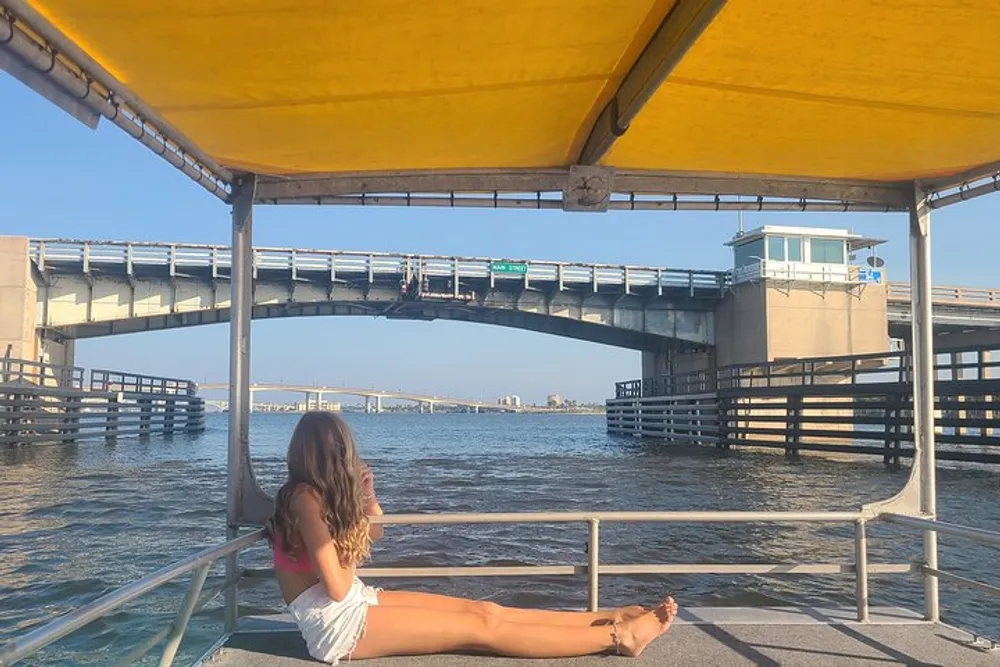 A person is sitting on a boat enjoying a view of a river under a bridge with industrial structures and a clear sky in the background