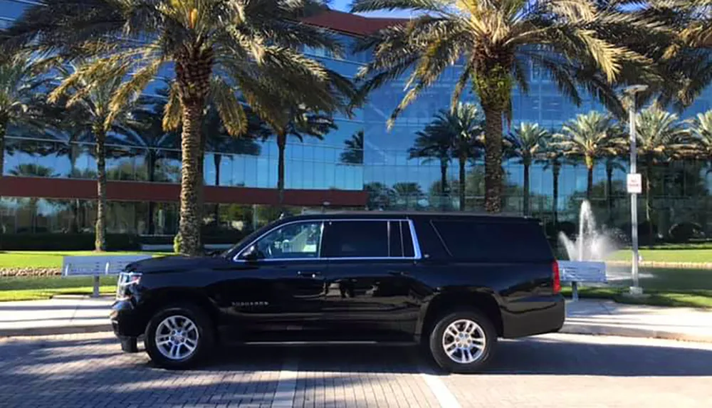 A black SUV is parked in a paved area surrounded by palm trees and a water fountain with a modern building reflecting the landscape in the background