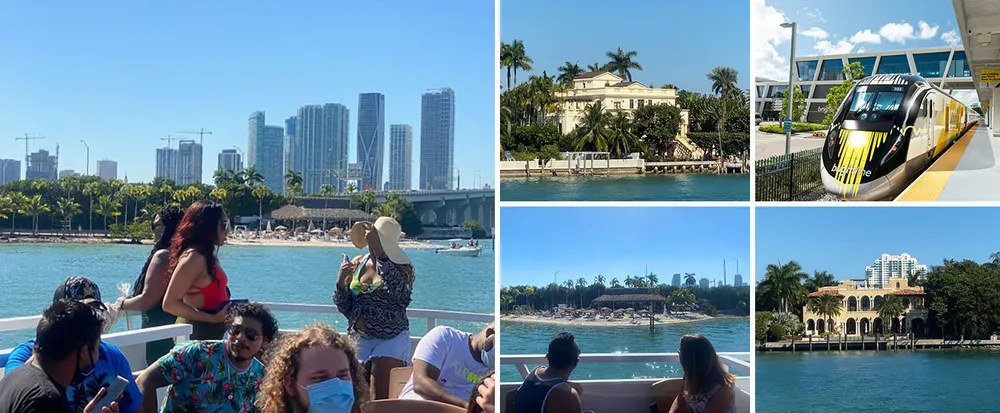 This collage showcases various scenes of urban and waterfront life featuring people on a boat tour luxurious waterfront properties a high-speed train and a view of a modern skyline