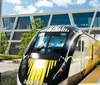 A high-speed train with distinctive yellow and black markings travels through a natural landscape during what appears to be the golden hour of sunlight