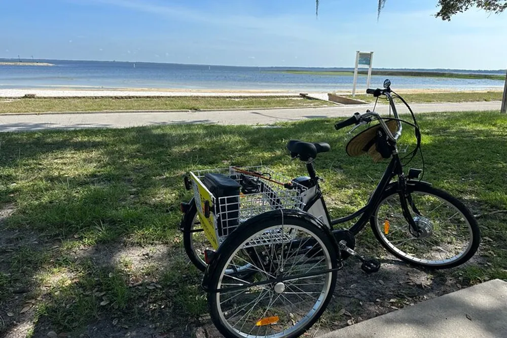 A three-wheeled bicycle with a basket and a hat is parked by a waterway on a sunny day