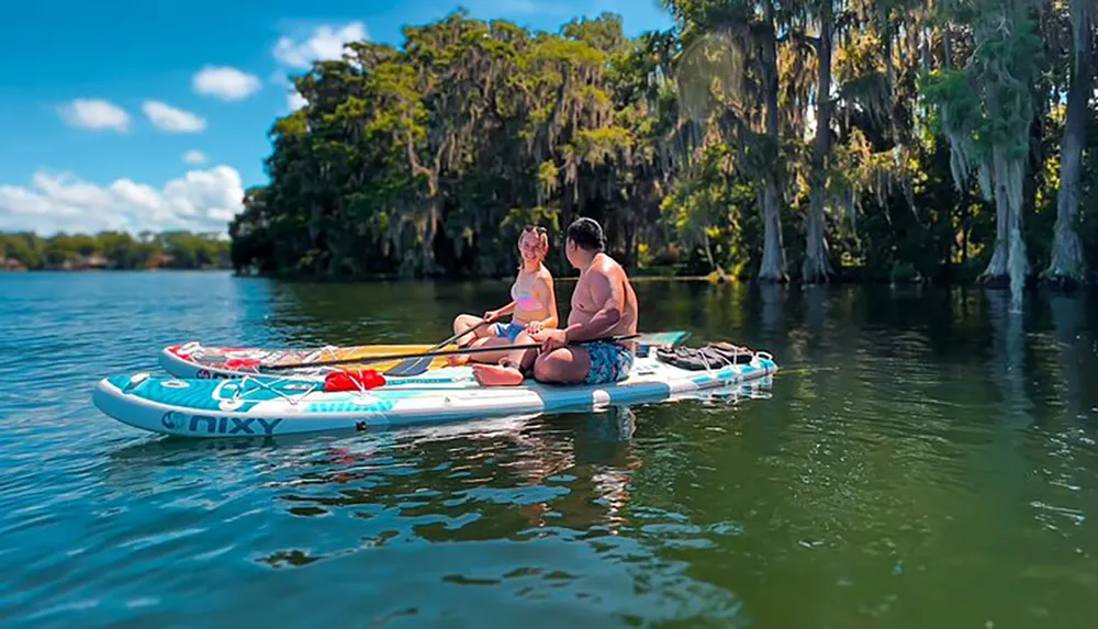 There are two people sitting on paddleboards enjoying conversation and the scenic beauty of a calm river flanked by trees draped with Spanish moss