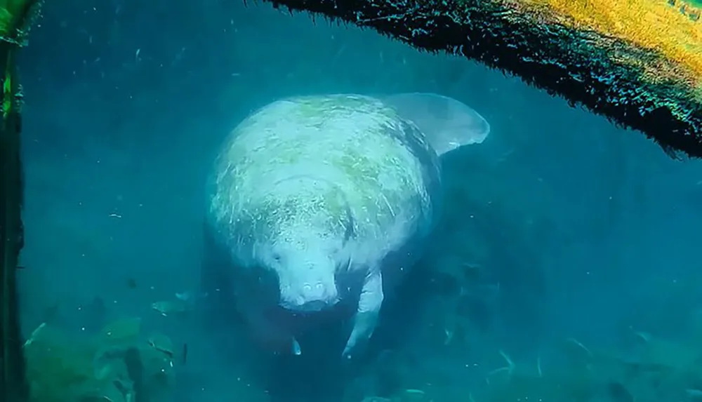 A manatee is swimming gracefully underwater near the surface partly covered with algae