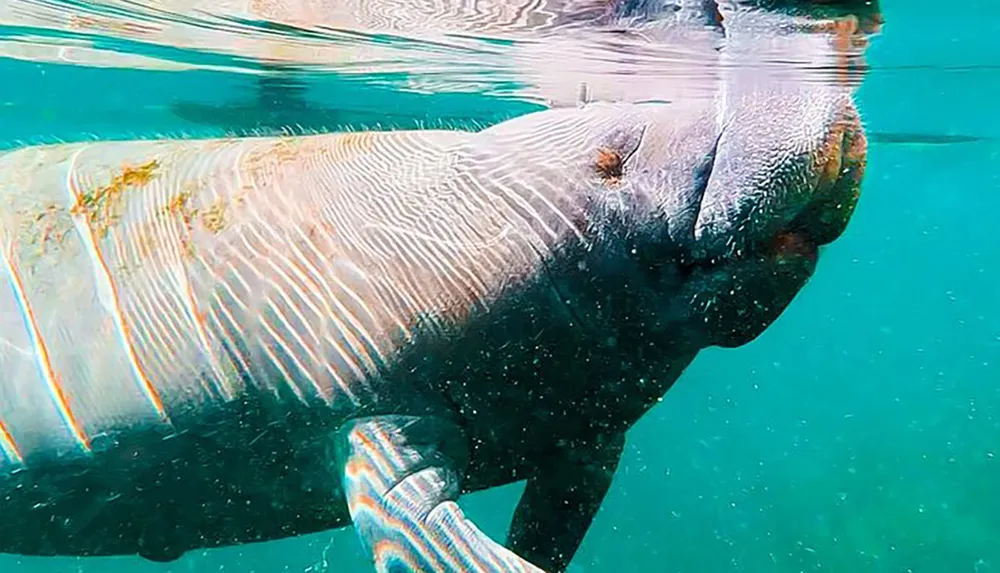 A manatee is swimming just below the waters surface showcasing its calm demeanor amidst the serene blue aquatic environment