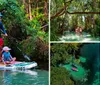 A group of people is enjoying paddleboarding and kayaking along a serene forest-lined waterway