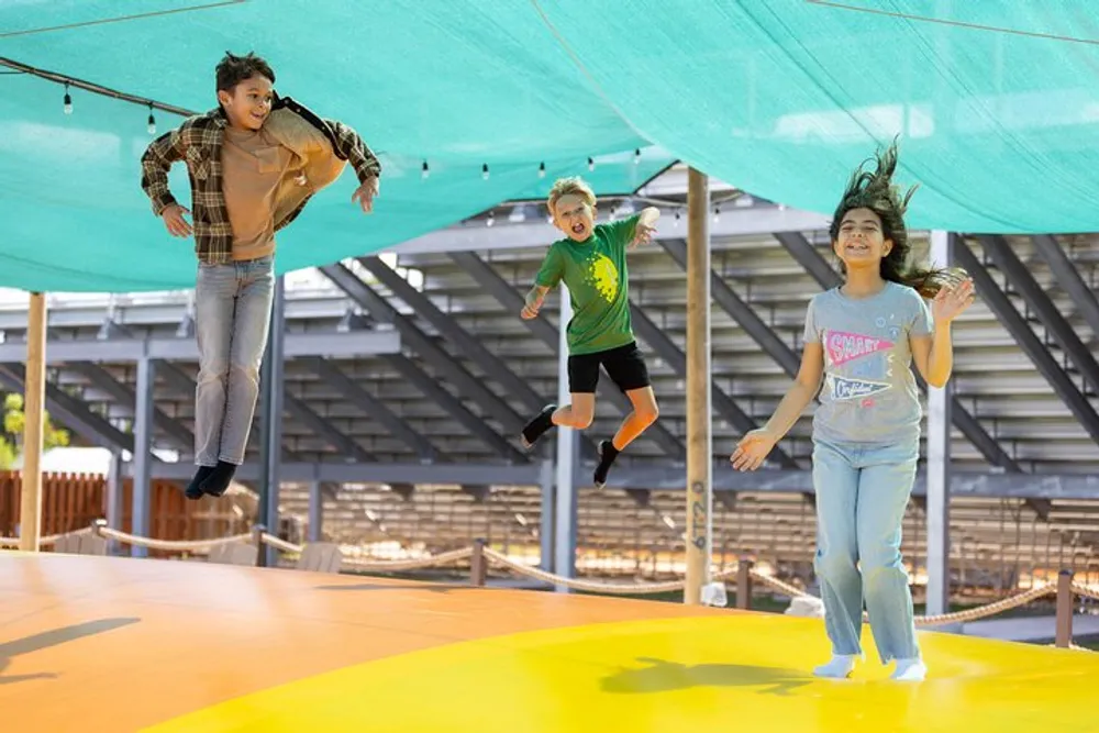 Three children are joyfully jumping on a colorful outdoor trampoline under a shade cloth