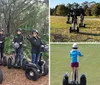 A group of people are enjoying a Segway tour on a forest trail with a smiling woman in the foreground taking a selfie