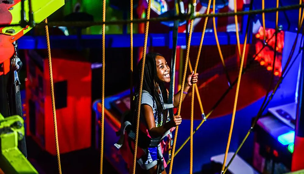 A smiling girl in a harness navigates an indoor ropes course amidst vibrant neon lights