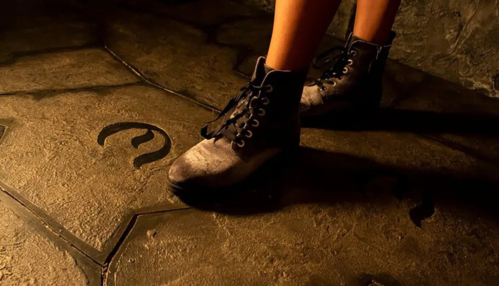 A pair of feet in boots stand on a stone floor with engraved question marks highlighted by dramatic lighting