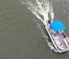 Three people wearing life jackets are enjoying a sunny day on a small motorboat with a Bimini top on a calm water body