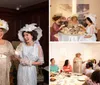 Three women dressed in vintage clothing with elaborate hats are having a cheerful conversation in an elegantly furnished room