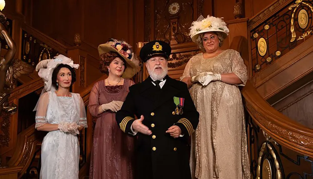 Four individuals in early 20th-century attire pose on an ornate staircase with a man in a naval officers uniform accompanied by three women in elegant period-specific hats and dresses