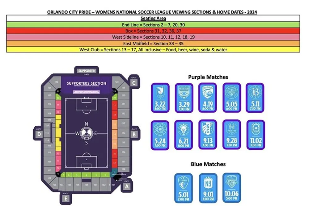 The image displays a seating chart for the Orlando City Pride womens soccer team along with a schedule of purple and blue home matches for the 2024 season