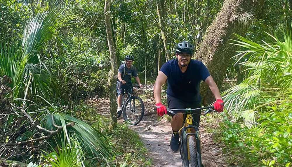 Two individuals are mountain biking on a forest trail surrounded by lush greenery