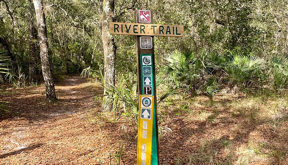 This image shows a trail signpost labeled RIVER TRAIL with symbols indicating the availability of biking camping and hiking activities surrounded by lush greenery