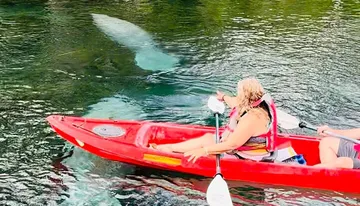 Two people are kayaking on clear water with a manatee visible underneath.