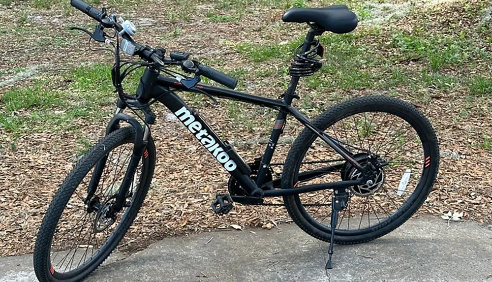 The image shows a black mountain bike with the brand name Metakoo displayed on its frame stationed outdoors on a concrete surface with grass and fallen leaves in the background