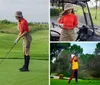 A person is preparing to take a golf shot on a lush green course