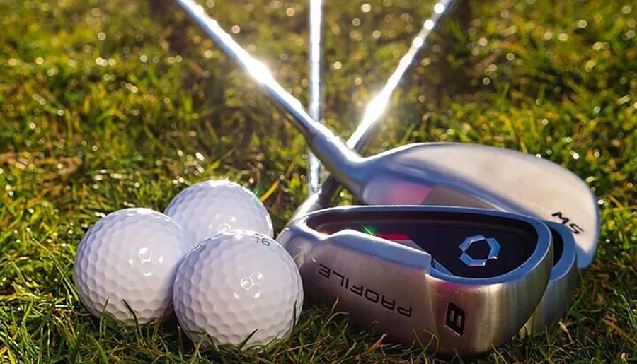 Three white golf balls are neatly placed on the grass next to a golf iron, with sunbeams filtering through in the background.