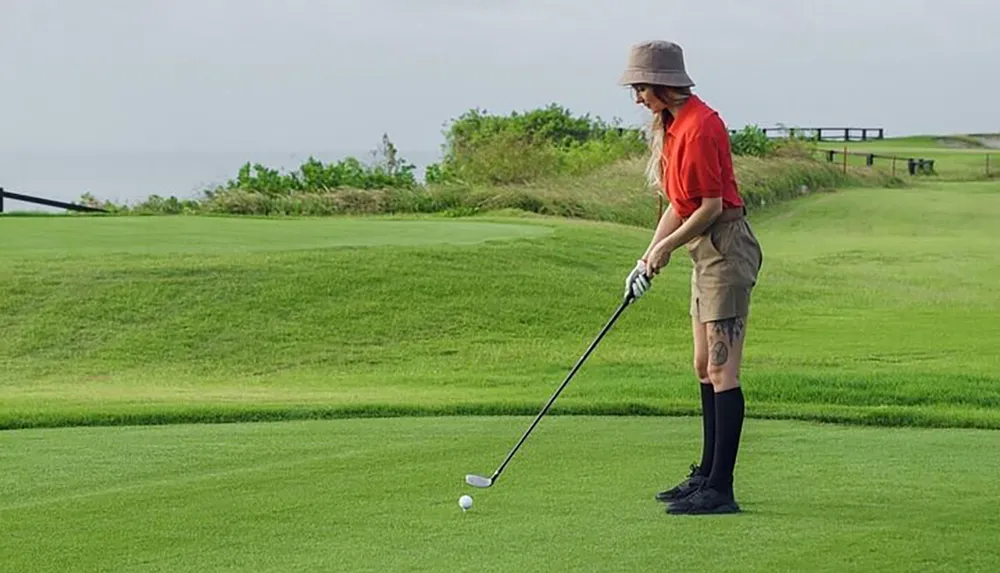 A person is preparing to take a golf shot on a lush green course