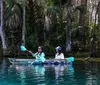 Two people are kayaking in clear blue waters amidst a lush green setting