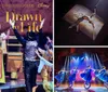 Four performers in blue costumes ride unicycles and hold hands on stage under bright lights part of the Drawn to Life Cirque du Soleil and Disney show
