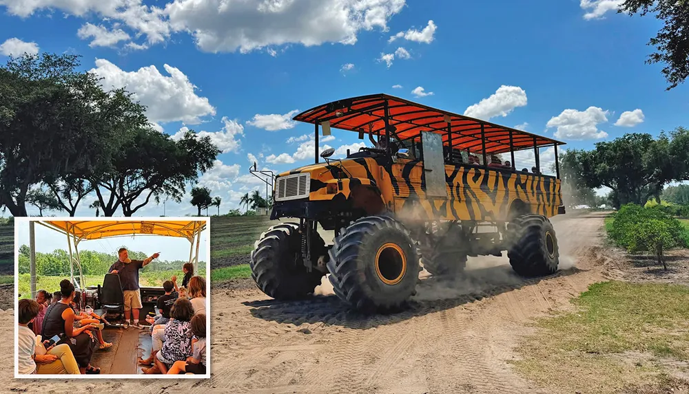 A large modified vehicle with massive tires and a tiger-striped body travels on a dusty road under a blue sky