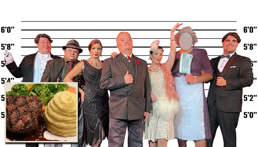 Seven people dressed in vintage formal attire stand in front of a height chart backdrop
