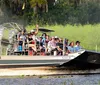 A group of tourists enjoy a ride on an airboat likely in a swamp or marshland with one person excitedly raising their hand