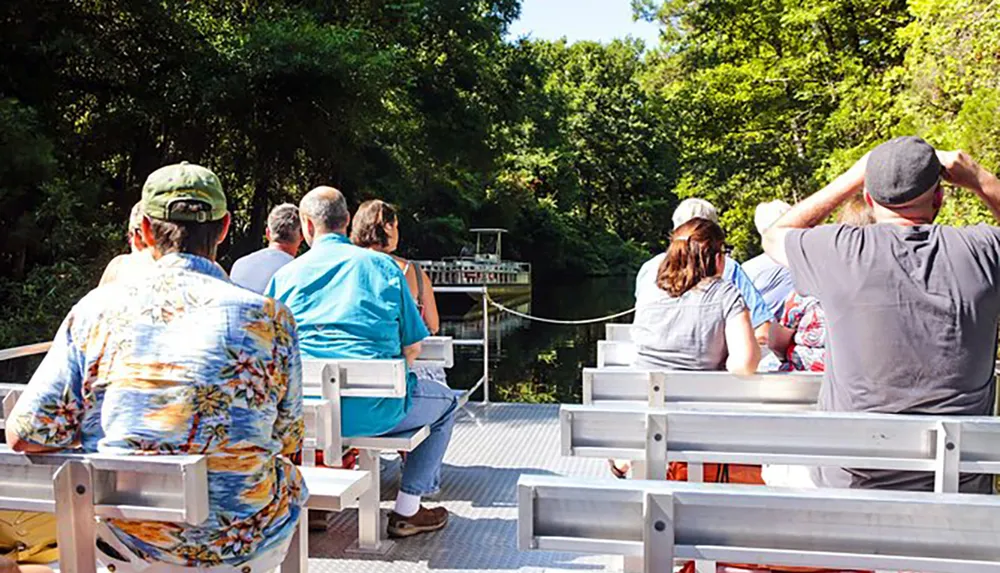 A group of people are seated on a boat looking out towards a lush green riverbank on a sunny day