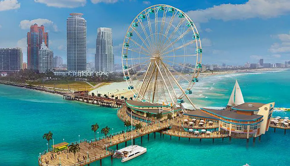 A giant Ferris wheel dominates the end of a bustling pier with a lively waterfront and skyscrapers in the background